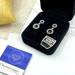 Vintage Diamonique Sterling Silver Blue & White Drop Earrings with Box